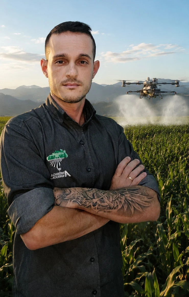 Victor Agostinho, fundador da América Agrícola, operando drone agrícola em campo
